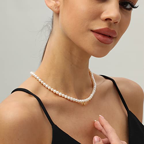 XYJZXY Pearl Necklace with Golden Charm, 18-Inch Adjustable Chain, 5-6mm White Pearls, Women Pearl Choker Necklace, Handmade Jewelry - style: gold charm