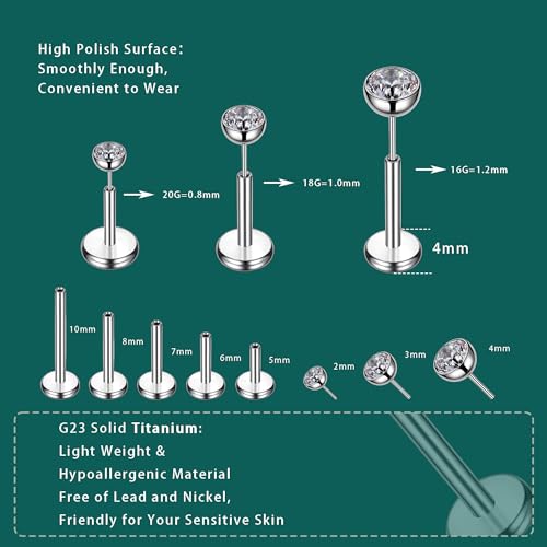 Gotumo 16G 18G 20G Flat Back Earrings Stud Titanium Threadless Nose Rings Tragus Labret Cartilage Lip Medusa Conch Body Piercing Jewelry Hypoallergenic for Women Men - color: Silver, size: 16G Bar Lengths 8mm & CZ 2mm