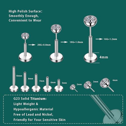 Gotumo 16G 18G 20G Flat Back Earrings Stud Titanium Threadless Nose Rings Tragus Labret Cartilage Lip Medusa Conch Body Piercing Jewelry Hypoallergenic for Women Men - color: Silver, size: 16G Bar Lengths 8mm & CZ 2mm