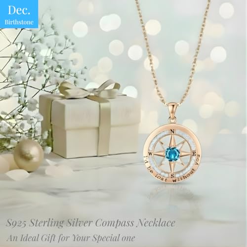 Compass Necklace for Women Wife Girlfriend Mom Daughter Gifts | S925 Silver Jewelry For Anniversary 18K Rose Gold Gifts For Birthday Christmas Mothers Valentines Day 12 Birthstones - style: 12-December-Rose Gold