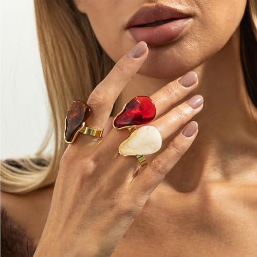 Chunky Statement Ring for Women Colorful Big Resin Rings Statement Irregular Geometric Shaped Large Ring Boho Summer Beach Vacation Chunky Jewlery - color: Red