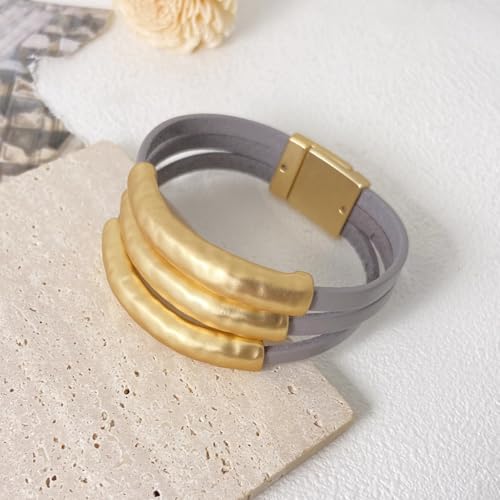 Bracelets for Women Leather Bracelet Multi-Layer Rope Wrap Bangle 14k Gold Plated Cirle Hollow Tube Boho Cuff Bangle Bracelets for Women Gift - style: Grey Leather Wrap