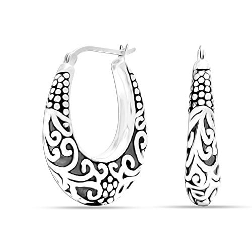 LeCalla 925 Sterling Silver Bali-Style Hoop Earrings Lightweight Click-Top Antique Two-Tone Beaded Italian Bali Style Earring Hoops for Women - style: Scrollwork Style