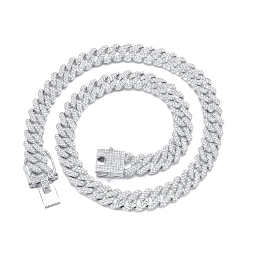 Mens and Womens Miami Cuban Link Chain Necklace 12mm Diamond Prong Cuban Chain 18/20/24inch Length Hip Hop Jewely - color: Silver, size: 20 inch