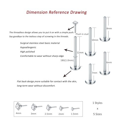 Aumeo 20G 18G 16G Threadless Push in Nose Rings Studs Surgical Steel Labret Jewelry Monroe Lip Rings Studs Medusa Ashley Piercing Jewelry for Women - color: Silver, size: 18g*6/7/8/10/12mm