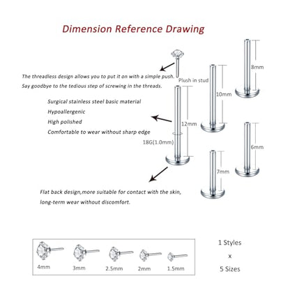 Aumeo 20G 18G 16G Threadless Push in Nose Rings Studs Surgical Steel Labret Jewelry Monroe Lip Rings Studs Medusa Ashley Piercing Jewelry for Women - color: Silver, size: 18g*6/7/8/10/12mm