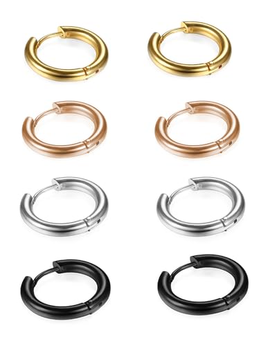 316L Surgical Stainless Steel Huggie Hoop Earrings 6mm 8mm 10mm 11mm 12mm 14mm Hypoallergenic Earrings Hoop Cartilage Helix Lobes Hinged Sleeper Earrings For Men Women - style: C05:10mm Rose Gold+Gold+Silver+Black(8pcs)