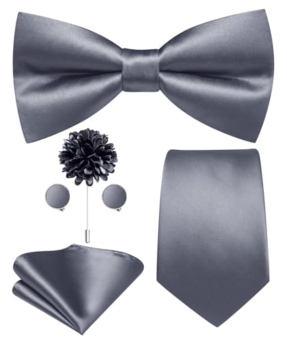 Hi-Tie 5Pcs Mens Solid Color Silk Tie Satin Pretied Bowtie Lapel Pin for Men Handkerchief Cufflink Wedding Gift Box - color: Grey