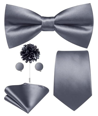 Hi-Tie 5Pcs Mens Solid Color Silk Tie Satin Pretied Bowtie Lapel Pin for Men Handkerchief Cufflink Wedding Gift Box - color: Grey