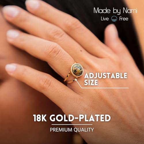 Made by Nami Adjustable Gold Plated Gemstone Ring for Women Handmade Boho Stacking Rings Chunky Open Band Turquoise Statement Jewelry Unique Minimalist Design for Everyday or Special Occasions - style: Grey Stone