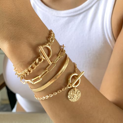 Alegend Bracelets Sets 14K Gold Plated Stackable Various Style Paperclip Chains to Toggle Clasp with Coin Charm Trendy