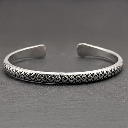 81stgeneration Karen Hill Tribe Silver Engraved Pattern Torque Bangle - Adjustable Boho Bracelet for Women and Men - Bohemian Style Jewelry - Heavy Cuff Design
