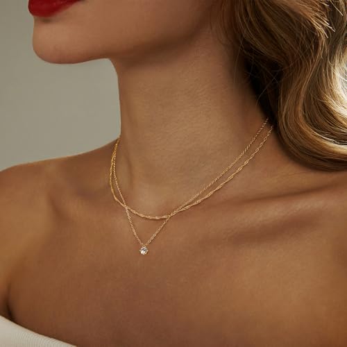 Luxval Diamond Pendant Gold Necklace for Women，Dainty 18k Gold Plated Choker Necklaces Simple Gold Jewelry Gifts for Women - color: Gold-Round CZ Layered