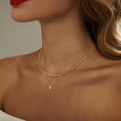 Luxval Diamond Pendant Gold Necklace for Women，Dainty 18k Gold Plated Choker Necklaces Simple Gold Jewelry Gifts for Women - color: Gold-Round CZ Layered