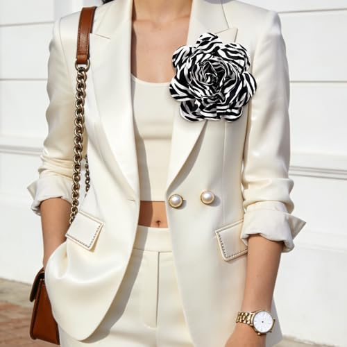 PLwelth Large Flower Brooch Pins Floral Hair Clips for Women Lapel Pins for Dress Clothes Suits Wedding Party Jewelry Gifts - color: Zebra-Black and White