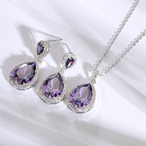 Bridal Jewelry Set for Wedding - 18k Plated Teardrop CZ Crystal Cubic Zirconia Rhinestone Necklace Earrings Set for Bride Bridesmaids Mother of Bride Party Prom Birthstone Costume Jewelry - color: Feb-Amethyst