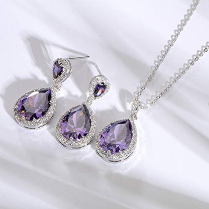Bridal Jewelry Set for Wedding - 18k Plated Teardrop CZ Crystal Cubic Zirconia Rhinestone Necklace Earrings Set for Bride Bridesmaids Mother of Bride Party Prom Birthstone Costume Jewelry - color: Feb-Amethyst