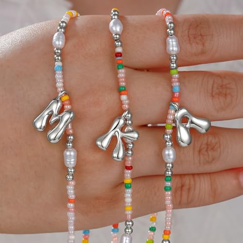 Ritach Initial Necklaces for Women Girls Kids - Light Colorful Beaded Pearl Initial Necklace Gold/Silver Bubble Pendant Letter Necklace for Women Teens Girls Kids Birthday Gifts - color: Silver, style: C