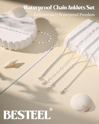 Besteel Ankle Bracelets for Women Waterproof 14K Gold Plated Anklets Set | Non Tarnish Stainless Steel, Plus Size Adjustable 8-12 Inch, Hypoallergenic Layered Cuban Link Chain Summer Foot Jewelry Gift - style: 6 Pcs Silver Tennis-8.5+2.5 Inch