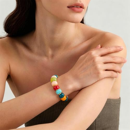 VIBILIA Chunky Beaded Bracelet for Women Multicolor Big Resin Acrylic Bead Elastic Stretch Bracelet, Trendy Statement Bracelets Boho Summer Beach Vacation Charm Jewelry - color: Round-Colorful