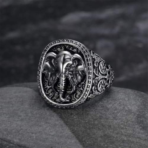 Men's Silver Gold Elephant Head Ring Stainless Steel Biker Band | Religious Engraved Chunky Signet Band for Men, Elephant Animal Lucky Ring, Retro Amulet Jewelry Gift for Him - color: Silver