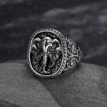 Men's Silver Gold Elephant Head Ring Stainless Steel Biker Band | Religious Engraved Chunky Signet Band for Men, Elephant Animal Lucky Ring, Retro Amulet Jewelry Gift for Him - color: Silver