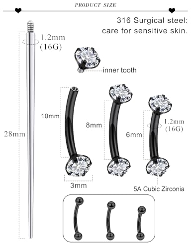 18G 16G 14G Eyebrow Ring Piercing Jewelry Surgical Steel Internal Thread Vertical Labret Lip Ring Rook Daith Earrings Belly Button Ring Piercing Jewelry for Women Men Silver Black Gold - color: Black, size: 16 Gauge