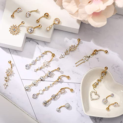 Yaomiao 18 Pcs 14G Stainless Steel Belly Button Ring Rhinestone Heart Dangle Belly Button Rings for Women - color: Gold, Elegant Style
