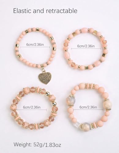 Women Beaded Bracelet Set | Colorful Boho Stackable Trendy Design with Crystal Accents Multilayer Bangle Bracelet | Fashion Stretch Braclets Jewelry for Women - color: Peach
