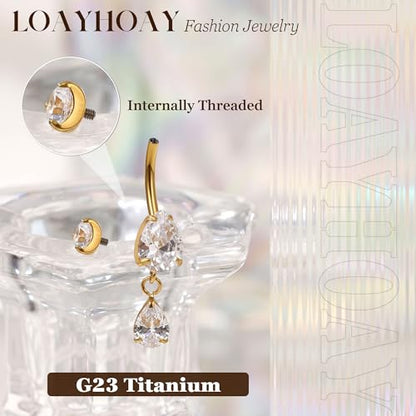 14G G23 Pure Titanium Dangle Belly Button Ring for Women Dangling CZ Navel Ring Teardrop Curved Barbell Belly Rings Internally Threaded Belly Piercing Jewelry - color: Gold