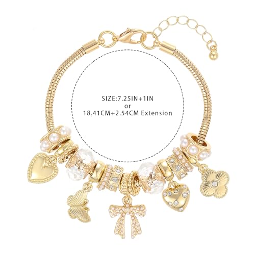 Charm Bracelet Gold Bracelets for Women Gifts | LOVE Heart Hollow Flower Bow Pink Green Square Gemstone Beaded Charm Bracelet Cute Adjustable Bracelet Jewelry - style: bow