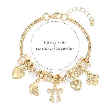 Charm Bracelet Gold Bracelets for Women Gifts | LOVE Heart Hollow Flower Bow Pink Green Square Gemstone Beaded Charm Bracelet Cute Adjustable Bracelet Jewelry - style: bow