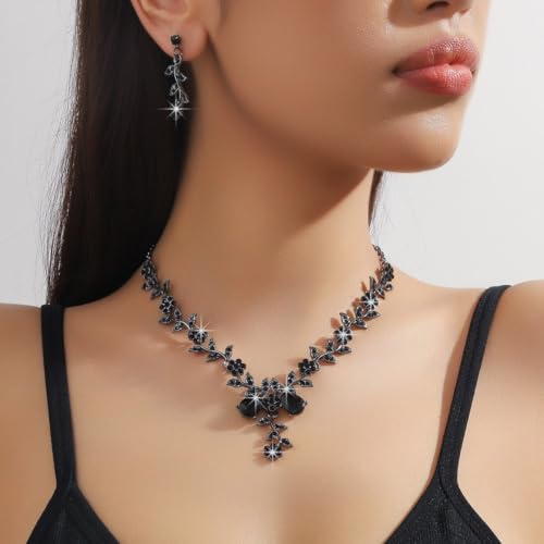 CSIYANJRY99 Silver Prom Jewelry Set Gold Wedding Jewelry Sets for Brides Necklace and Earring Bracelet Rhinestone Prom Party Costume Accessorie - color: A-Black