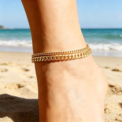 Silver Ankle Bracelets for Women Waterproof Stainless Steel Anklet Adjustable Layered Cuban Silver Anklets Set Summer Beach Foot Jewelry Gift - color: Cuban gold