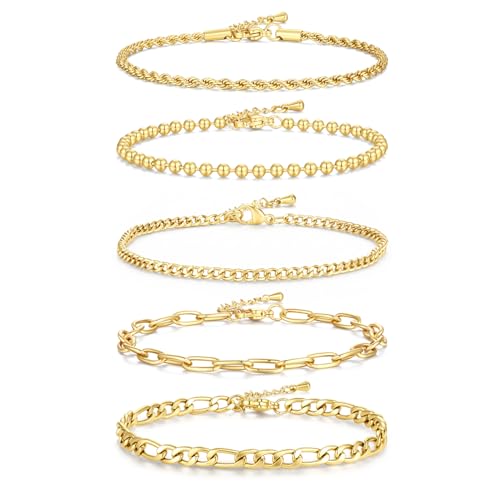 Gold Bracelet for Women Waterproof, 14K Gold Plated Stackable Link Bracelet Set Adjustable Paperclip Chain Cuban Rope Layered Jewelry Sets for Womens Mom Mother's Day Fashion Accessories