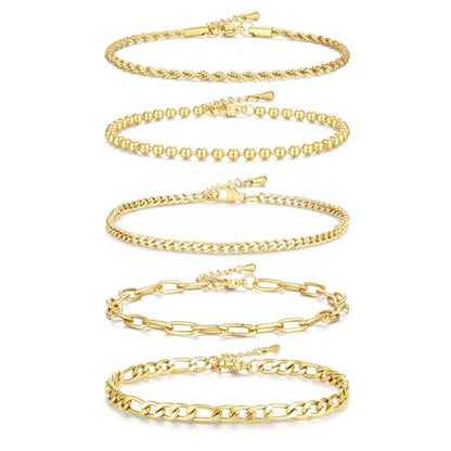Gold Bracelet for Women Waterproof, 14K Gold Plated Stackable Link Bracelet Set Adjustable Paperclip Chain Cuban Rope Layered Jewelry Sets for Womens Mom Mother's Day Fashion Accessories
