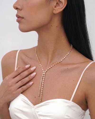 STONEFANS Long Tennis Necklaces for Women - Dainty Silver Lariat Necklace Rhinestone Y Shaped Drop Necklace Cute Choker Necklaces for Women Trendy Silver Prom Jewelry Gifts - color: Gold-Oval Y
