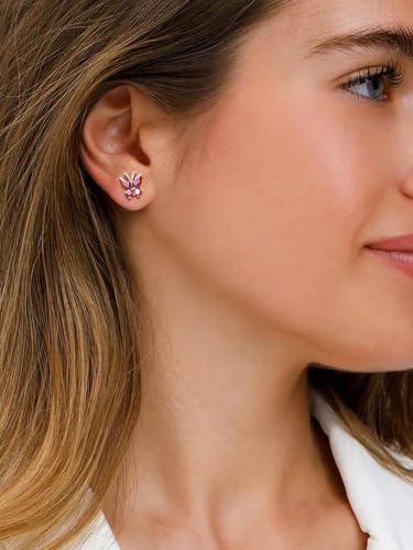 Suplight Butterfly Stud Earrings 925 Sterling Silver 14K Gold Brithstone Earrings for Women Brithstone Jewelry Gifts - color: 07.July( Ruby), size: Silver