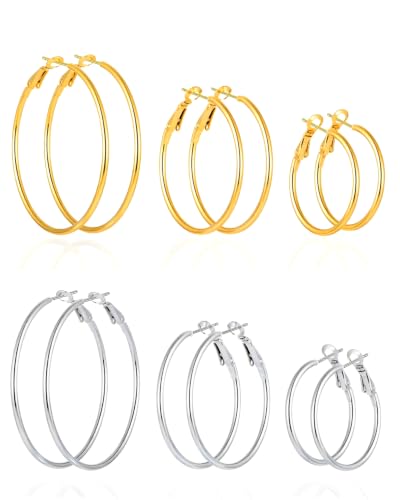 6 Pairs Gold Silver Hoop Earrings for Women 14K Gold Plated 316 Hypoallergenic Stainless Steel Lightweight Large Small Hoops Women Earrings 30/40/50mm Set - color: 6 Pairs Gold/Silver-30/40/50mm
