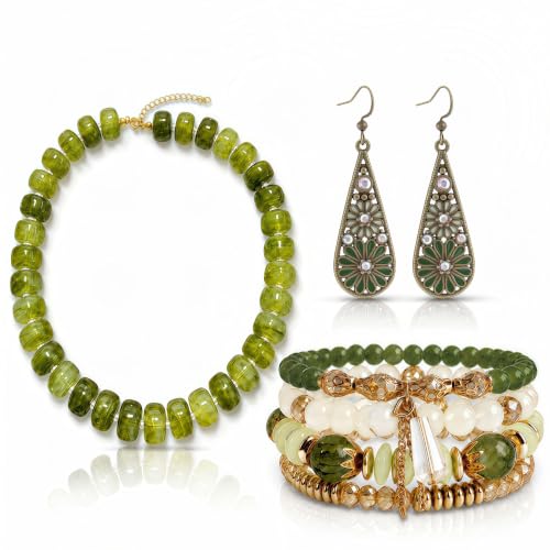 3Pcs Boho Jewelry Set for Women Necklace Earrings Bracelet | Acrylic Beaded Necklace | Floral Enamel Earrings | Layered Bracelet | Coordinated Trio | Green Boho Style | Gift for Women