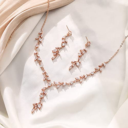 Crysdue Women's Wedding Bridal Jewelry Set for Brides Bridesmaids Cubic Zirconia Flower Leaf Vine Necklace Dangle Earrings for Prom Party - style: 4-rose gold