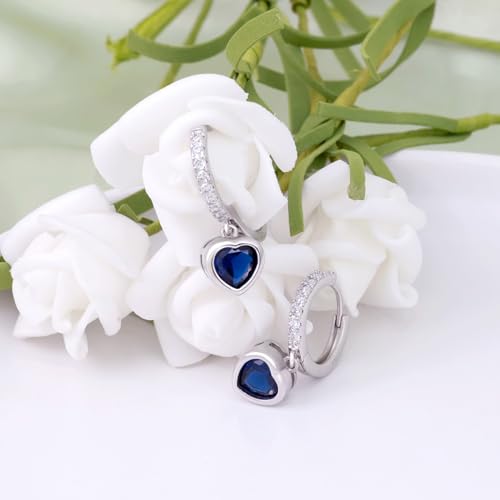 Heart Hoop Earrings with Dangle Sterling Silver Love Heart-Shaped Loop Earrings for Women Hypoallergenic Sparkle Birthstone Cubic Zirconia Hoop Earring with Dangling Charms Dainty Fashion Jewelry Gift - color: Blue