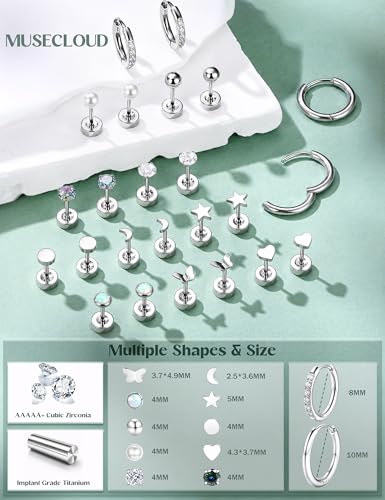 G23 Implant Grade Titanium Flat Back Earrings for Women | Hypoallergenic Hoop Huggie Earring Studs Stack Opal 5A CZ Astm F136 Titanium Earring Sets