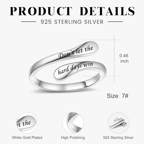 Fookduoduo 925 Sterling Silver Ring Inspirational Jewelry adjustable Wrap Open Rings for Women - style: Don’t let the hard days win