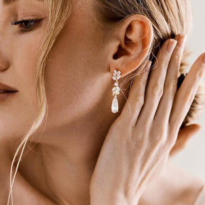 Dangle Drop Gold Earrings Women Prom with CZ Wedding Jewelry Gift | Dangling for Bridal, Sparkly Diamond , Gifts for Women, Dainty, Trendy, Butterfly Back - color: Gold-Leaf Drop