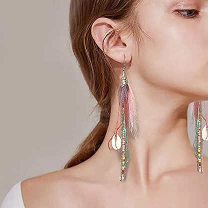 Bohemian Feather Dangle Earrings for Women with Shell Beads Long Tassel Design Drop Earrings - style: Style-Colorful
