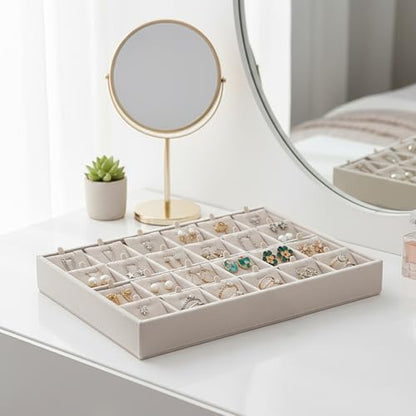 2 Pcs 24 Grids Stackable Jewelry Tray Organizer with Removable Dividers, Velvet Jewelry Display Tray for Earrings Necklaces Bracelet Rings Display Showcase - Beige