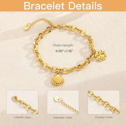10 PCS Bracelets for Women Stainless Steel Chain Link Bracelet Set | 6.7 Inches with Extender, Jewelry Gifts for DIY, Chains Bulk, Oval, Curb, Figaro Chains, 18K Gold Plated, Silver, Chunky - color: Lip Gold