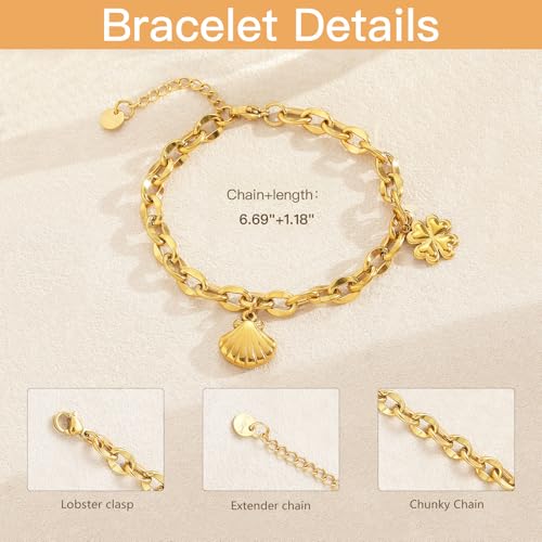 10 PCS Bracelets for Women Stainless Steel Chain Link Bracelet Set | 6.7 Inches with Extender, Jewelry Gifts for DIY, Chains Bulk, Oval, Curb, Figaro Chains, 18K Gold Plated, Silver, Chunky - color: Lip Gold