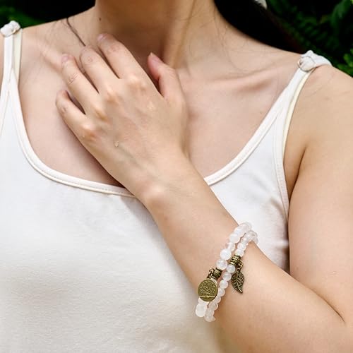 Bivei Natural Semi Precious Gemstone beads bracelet for women - Life Tree and Leaf Charm Energy Reiki Crystal Stretch Bracelets - color: Clear Quartz Bracelet Set, size: Medium:6.8-7.24inch